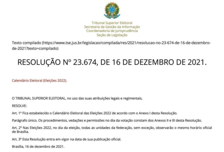 Calendário Eleitoral (Eleições 2022) RESOLUÇÃO Nº 23.674, DE 16 DE DEZEMBRO DE 2021