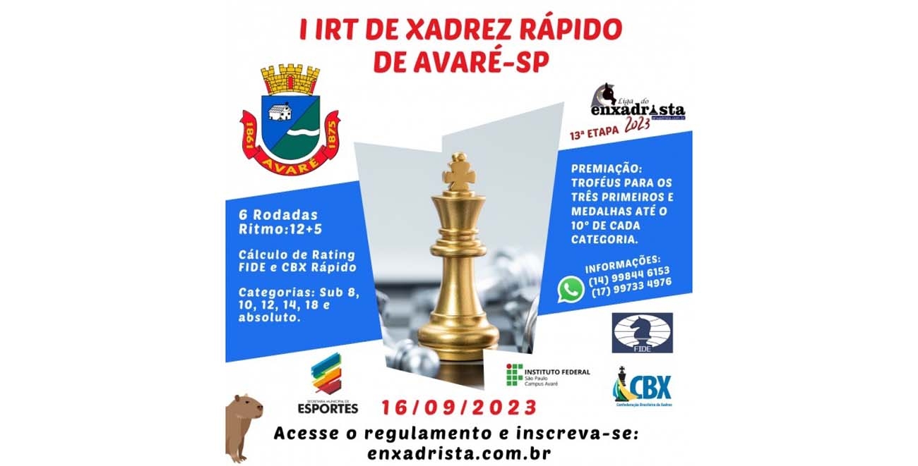 Avaré recebe torneio de xadrez rápido no sábado, 16