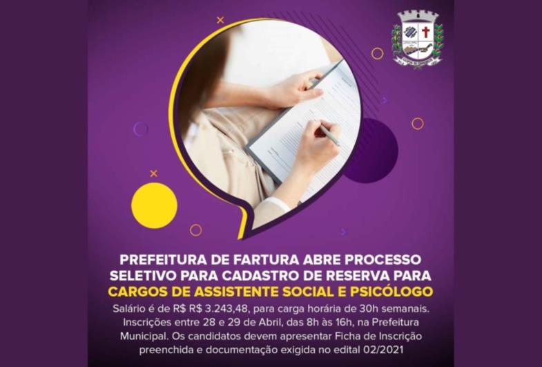 Prefeitura de Fartura abre Processo Seletivo para cargos de Assistente Social e Psicólogo