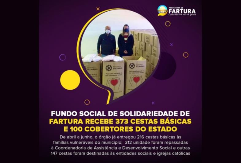 Fundo Social de Solidariedade de Fartura recebe 373 cestas básicas e 100 cobertores do Estado