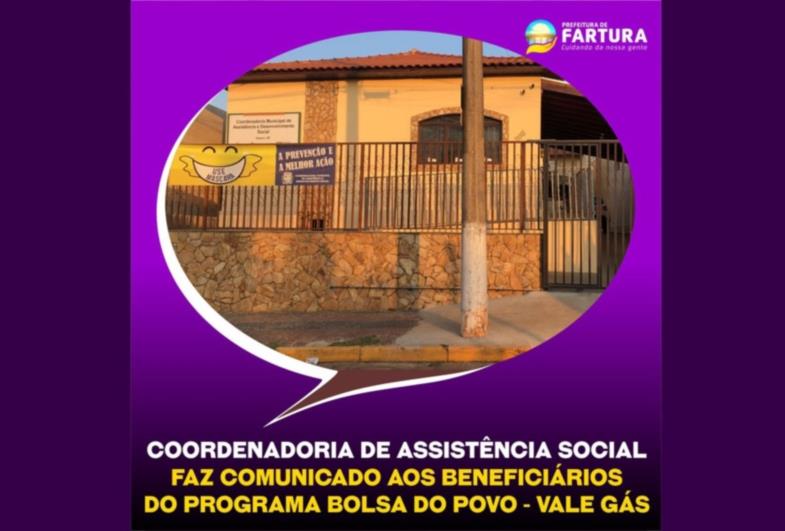 Coordenadoria de Assistência Social de Fartura faz comunicado aos beneficiários do Programa “Bolsa do Povo - Vale Gás”