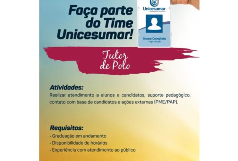 Oportunidade de trabalho: Unicesumar contrata tutor de Polo