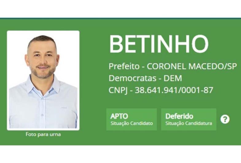 Betinho tem candidatura deferida em Coronel Macedo 