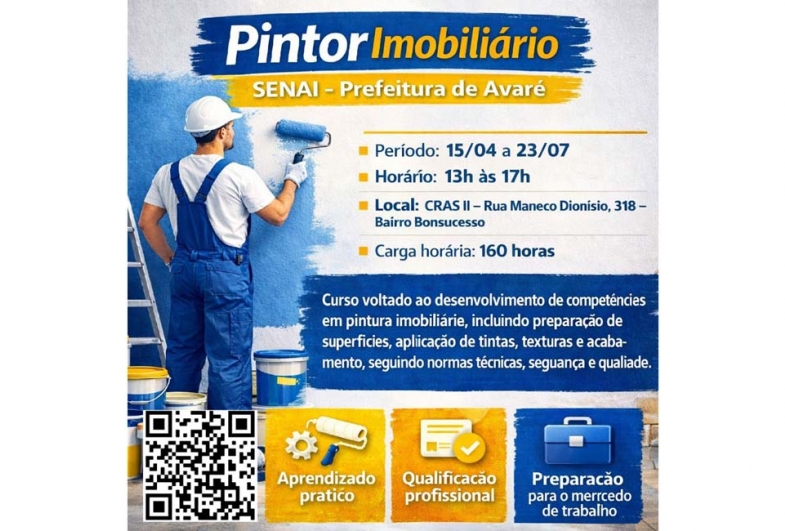 Prefeitura de Avaré abre inscrições para curso gratuito de Pintor Imobiliário em parceria com o Senai