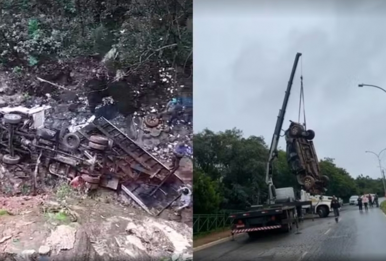 Caminhão guincho que transportava caminhonete com ocupante cai em ribanceira em Itapeva, SP