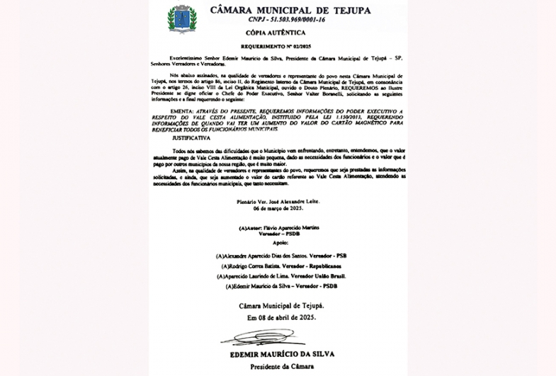 Requerimento da Câmara Municipal de Tejupá ao prefeito Valtinho Boranelli