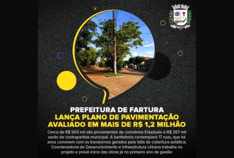 Prefeitura de Fartura lança Plano de Pavimentação avaliado em mais de R$ 1,2 milhão