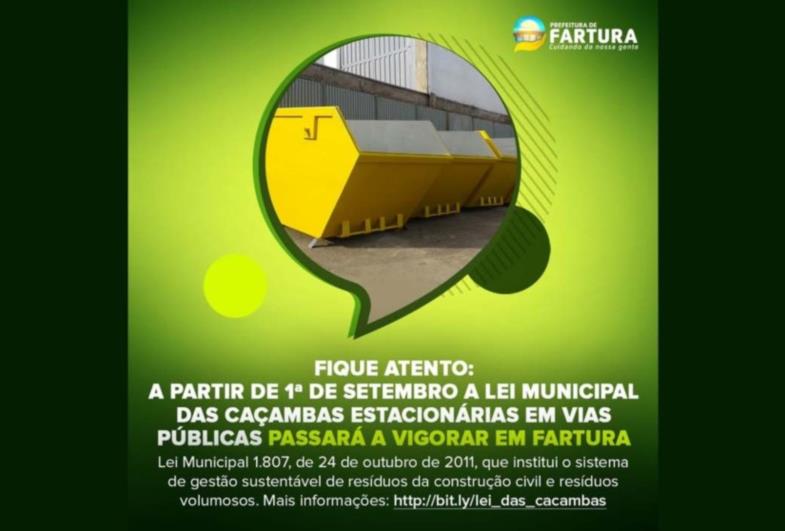 A partir de 1ª de setembro a Lei Municipal das Caçambas estacionárias em vias públicas passará a vigorar em Fartura