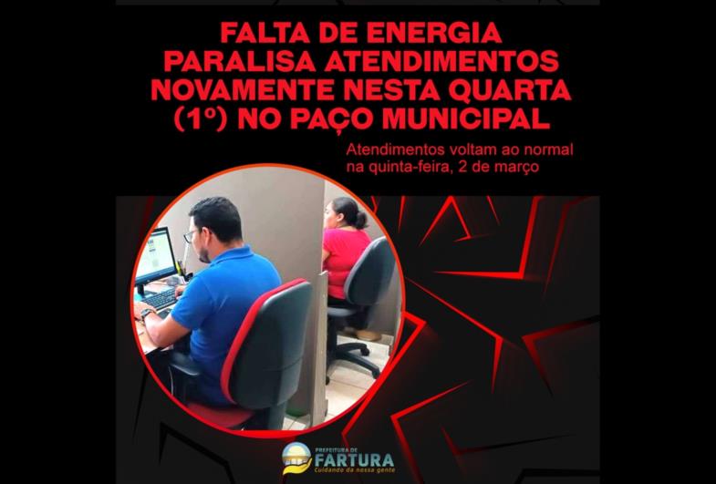 Falta de energia paralisa atendimentos novamente nesta quarta (1º) no Paço Municipal