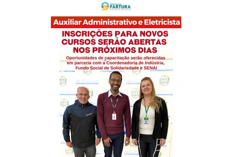 Fartura anuncia cursos de Auxiliar Administrativo e Eletricista: inscrições serão abertas nos próximos dias