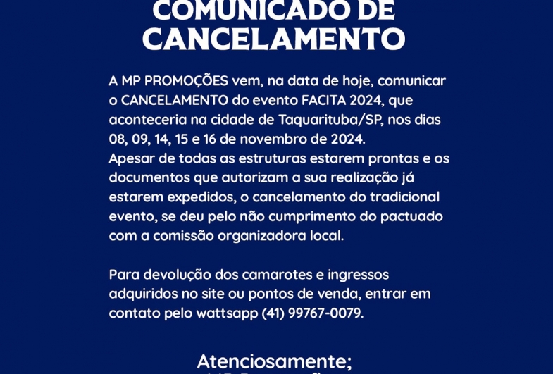 COMUNICADO DE CANCELAMENTO FACITA 2024