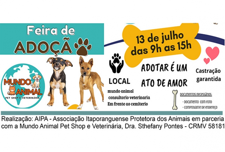 AIPA e Mundo Animal promovem feira de adoção sábado em Itaporanga