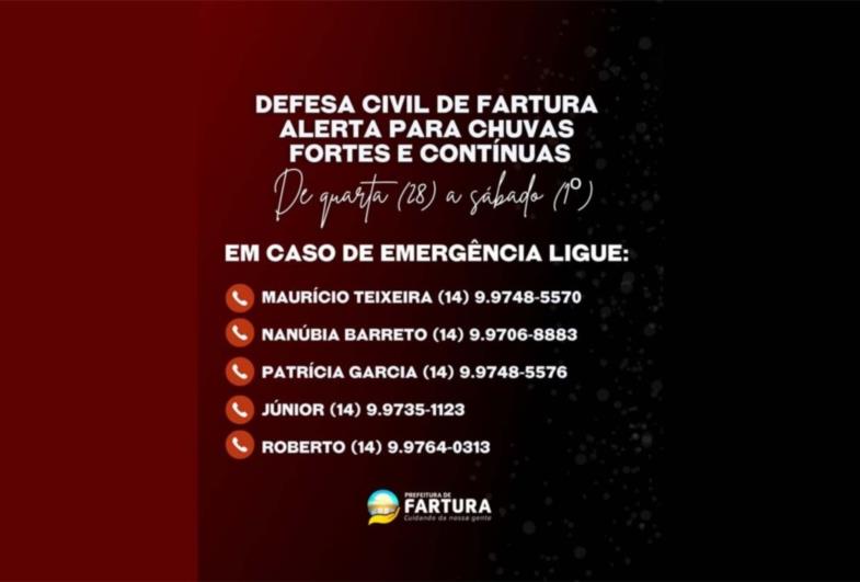 Defesa Civil de Fartura alerta para chuvas fortes e contínuas