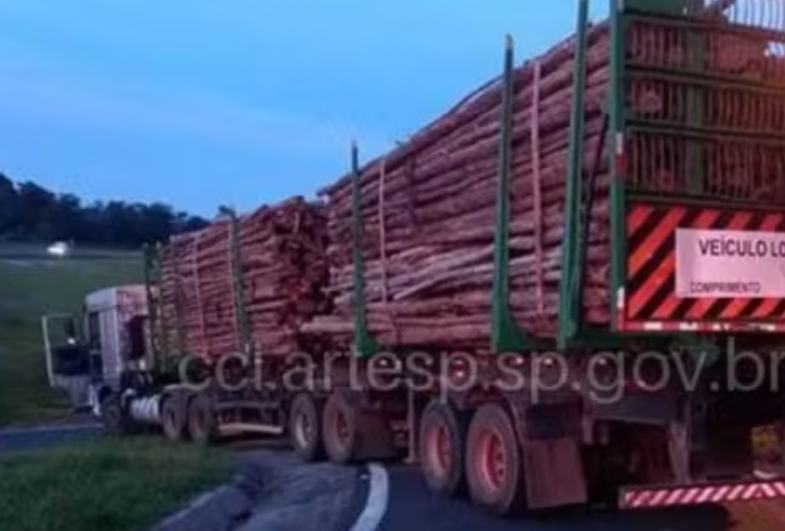 Carreta carregada com madeira fica 'travada' em alça de acesso de viaduto em Águas de Santa Bárbara