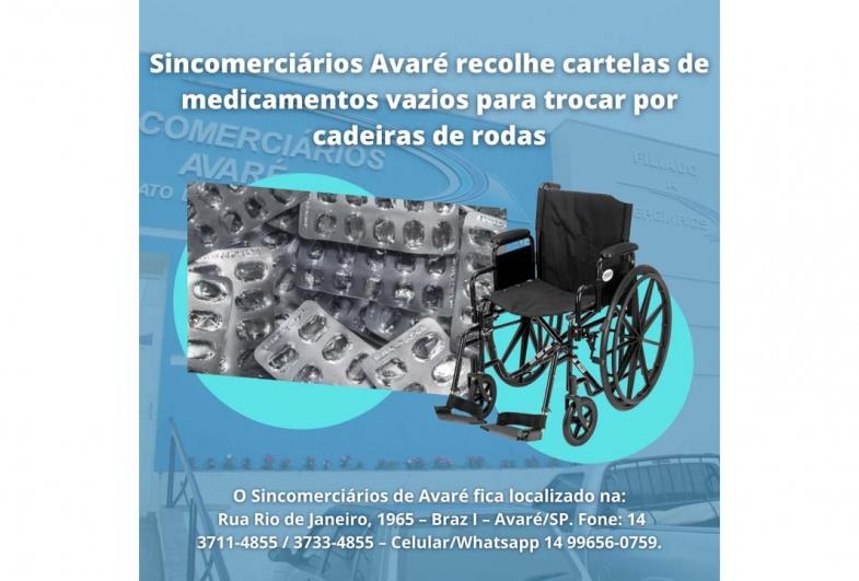 Sincomerciários Avaré recolhe cartelas de medicamentos vazios para trocar por cadeiras de rodas