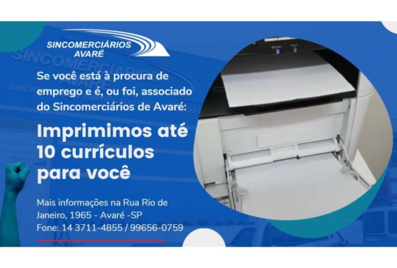 Sincomerciários de Avaré imprime até 10 currículos para associados e ex-associados desempregados