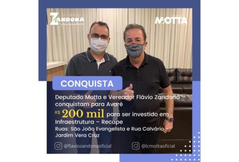 Deputado Motta e vereador Flávio Zandona conquistam 300 mil para Avaré