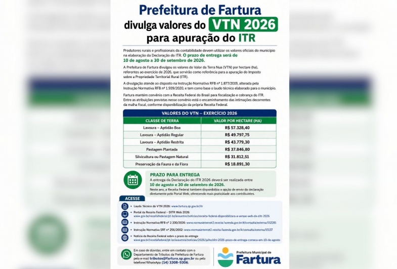 Prefeitura de Fartura divulga valores do VTN 2026 para apuração do ITR
