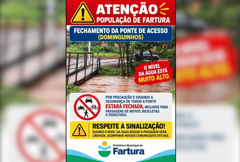 Fartura fecha ponte de acesso após nível da água subir com as chuvas