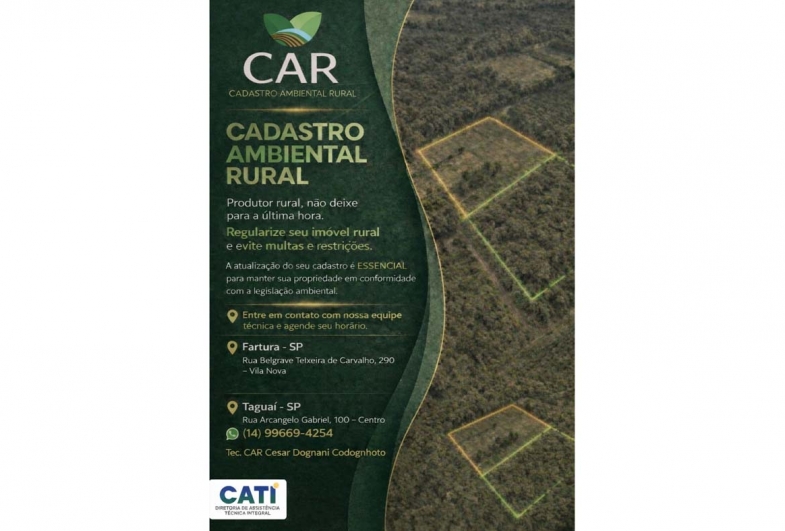 Fartura e Taguaí: produtor rural, evite multas! Regularize seu CAR