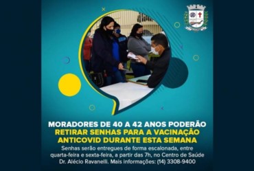 Moradores de 40 a 42 anos poderão retirar senhas para a vacinação antiCovid esta semana