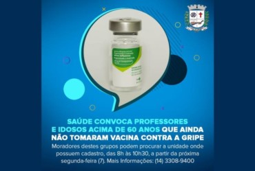 Saúde convoca professores e idosos acima de 60 anos que ainda não tomaram vacina contra a Gripe