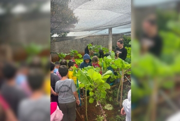 Crianças da Escola Delmira Terezinha Villa Gobbo participam  de atividades na horta comunitária da ESF Jardim Ypês