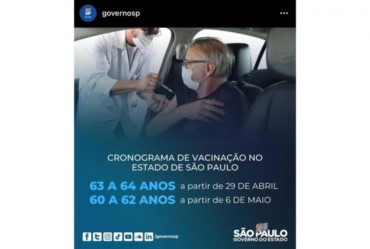 IDOSOS DE 63 E 64 ANOS SERÃO VACINADOS NO PRÓXIMO 29 DE ABRIL E 60 A 62 ANOS DIA 6 DE MAIO