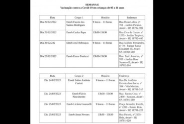Escolas municipais de Avaré terão vacinação contra a Covid a partir desta terça-feira, 22