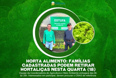 Horta Alimento: famílias cadastradas podem retirar hortaliças nesta quarta-feira (18)