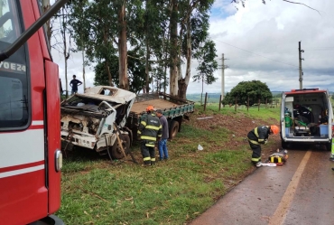 Caminhão colide contra árvore e fere duas pessoas em Itaí
