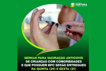 Senhas para vacinação antiCovid de crianças com comorbidades e que possuem BPC serão entregues na quinta (20) e sexta (21)