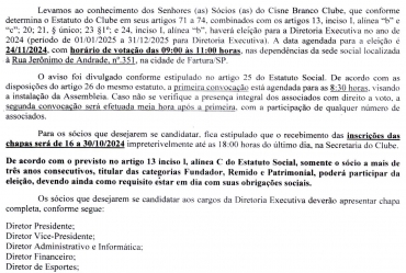 Edital de Convocação de Assembleia Geral Eleitoral do Cisne Branco Clube