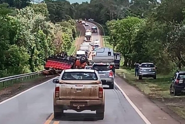 Caminhão carregado com bois tomba em rodovia próxima a Itaí