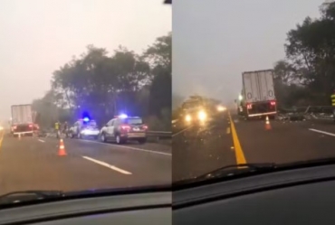 Passageira morre em acidente entre dois caminhões na Rodovia Raposo Tavares em Bernardino de Campos