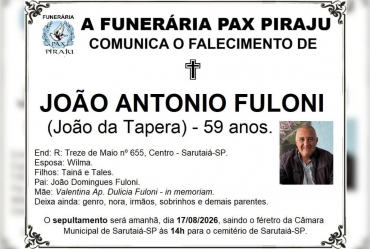 João da Tapera será sepultado hoje as 14 horas em Sarutaiá