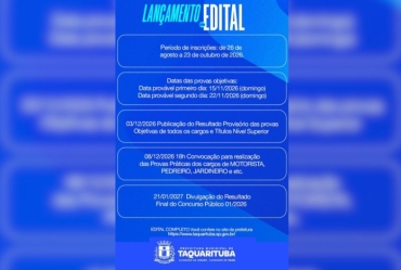Prefeitura de Taquarituba publica edital do Concurso Público