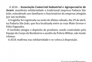 ACIA - Associação Comercial, Industrial e Agropecuária de Avaré, publica ato de solidariedade