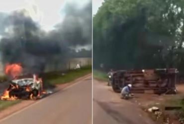 Carro pega fogo após ser atingido por caminhonete em Itapeva