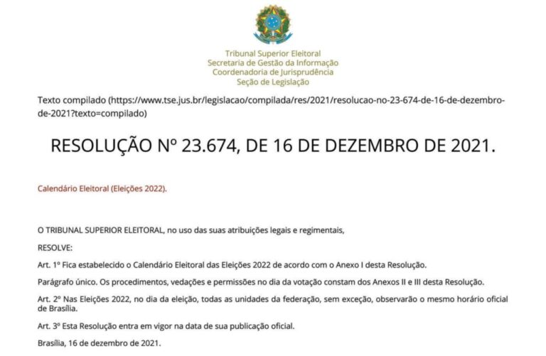 Calendário Eleitoral (Eleições 2022) RESOLUÇÃO Nº 23.674, DE 16 DE DEZEMBRO DE 2021