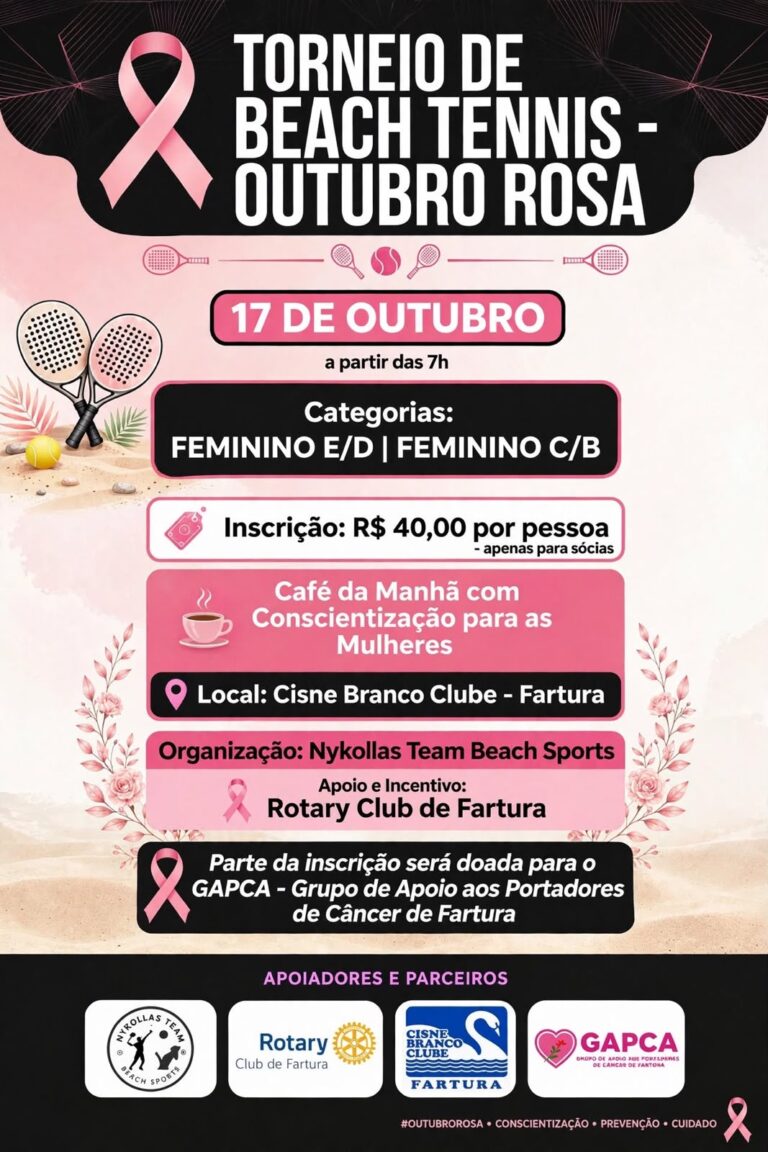 Rotary Club de Fartura apoia torneio de Beach Tennis em prol do Outubro Rosa